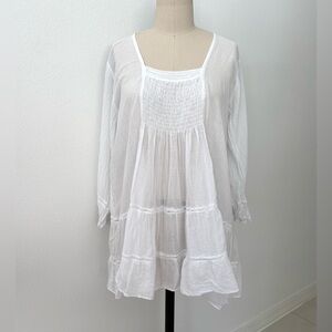 JP And Mattie White Cotton Babydoll Tunic NWOT Long Sleeves Smocked Front L